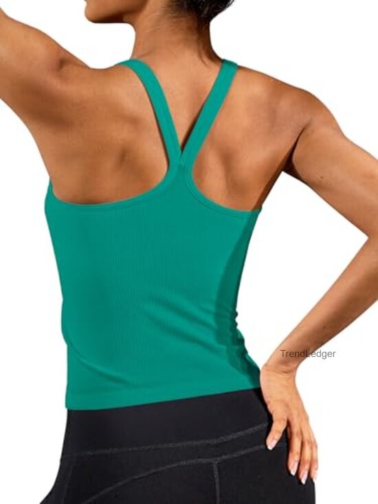 Tops - Ribbed Waffle Tank Top with Built-in Removable Bra, Seamless Y Back for Yoga Gym